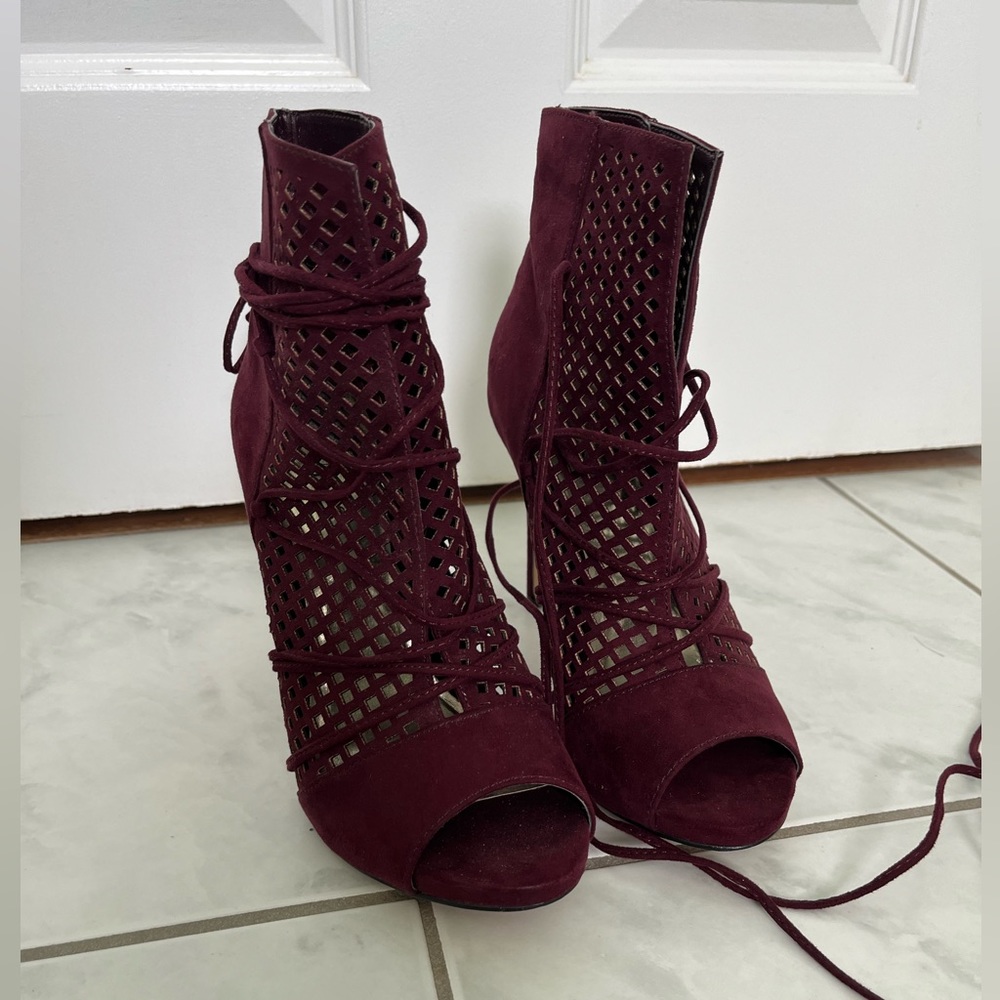 Guess Raella Booties, Heels Wine colored, lace up, peep toe